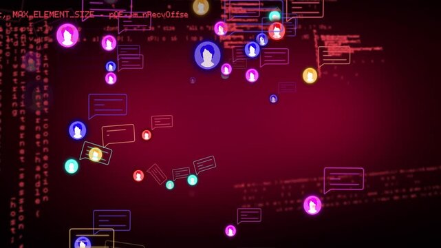 Avatars entering from edges clustering and emitting chat bubbles, visualizing active network