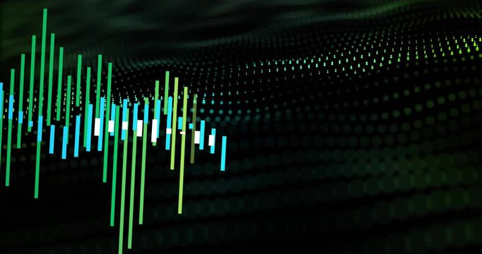 Incoming audio driving bars expanding and shifting right, visualizing sound energy on dotted field
