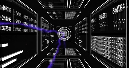 Sending purple data beam converging on central holographic data hub inside display corridor