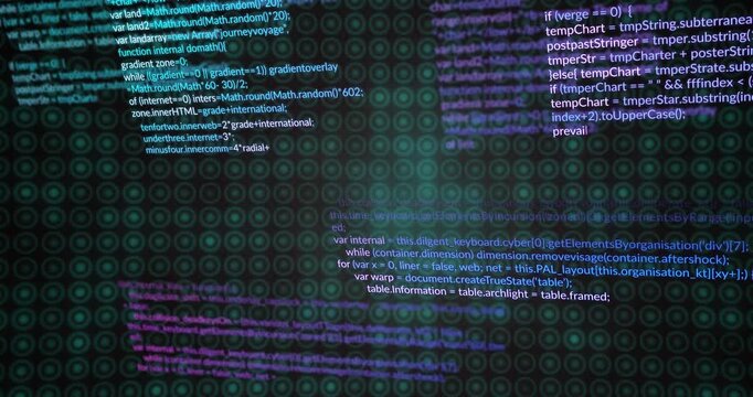Teal grid glowing, soft glows revealing, cam panning, code sliding and focusing right for clarity