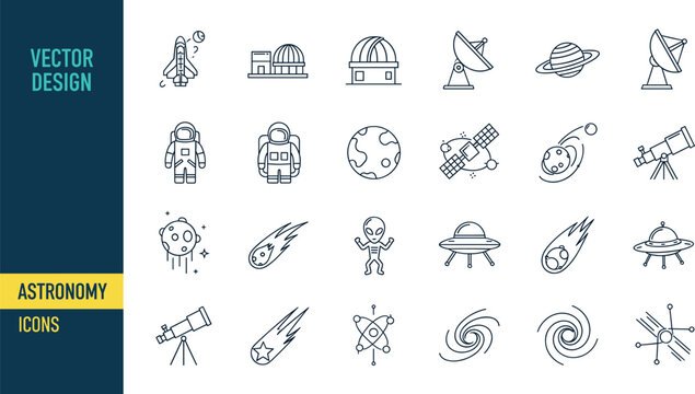 Collection of astronomy and space line icons featuring planets, rockets, satellites, telescopes, aliens, and observatory equipment