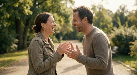 Obraz premium The laughter of two people in the fresh air is a vivid manifestation of their natural connection and positive feelings.