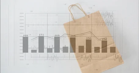 Fotobehang Buffet Lying kraft bag with twisted handles overlaying gray bar and line chart on sheet showing values  © vectorfusionart