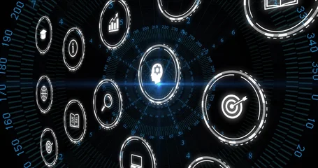 Fotobehang Buffet Rotating central head-with-gear in 3D hologram HUD, showing target and analytics icons  © vectorfusionart