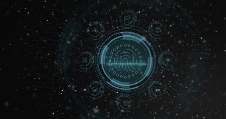 Scanning circular fingerprint HUD projecting rings at cyber UI, showing scan line, icons, particles