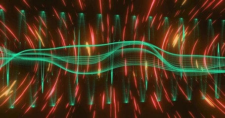 Pulsing neon green dotted waveform crossing black with red-orange streaks, teal spikes, gold sparks