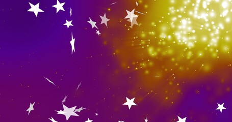Fototapeta premium Glowing golden cluster emitting radial rays on purple-amber gradient, with white stars, copy space