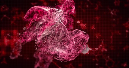 Displaying center magenta particle cloud pulsing in digital visualization, with red grid motifs