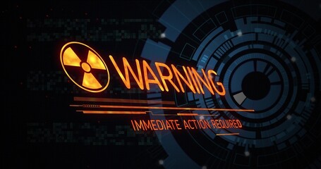 Displaying central alert graphic on dashboard, showing WARNING text, orange trefoil, blue HUD rings