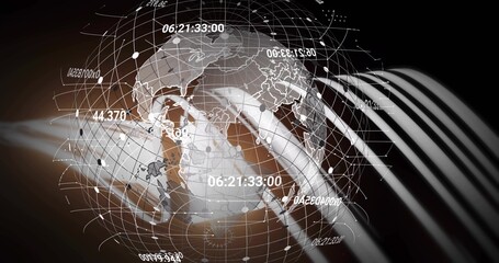 Naklejka premium Rotating 3D globe on studio backdrop, displaying numeric overlays, node network and streaks