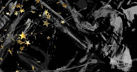 Glittering metallic gold star cluster trailing golden lines on black canvas, gray marks, copy space