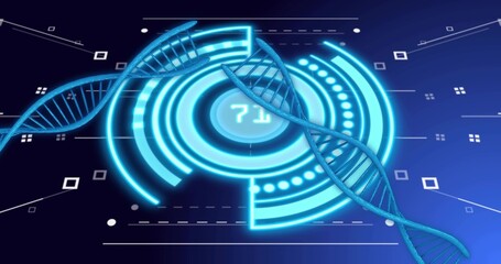 Displaying DNA double helices crossing central HUD with concentric rings in lab, showing readout 71