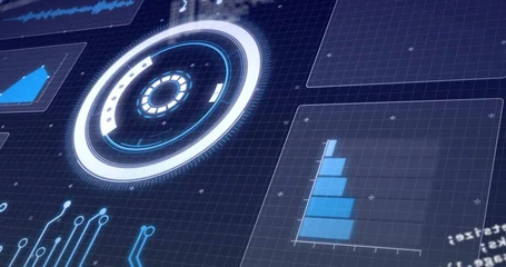 Fotobehang Buffet Displaying large circular HUD gauge left on tilted grid, showing stacked bar chart and waveform  © vectorfusionart