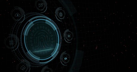 Displaying circular ringed biometric fingerprint HUD scanning on data grid, with orbiting icons