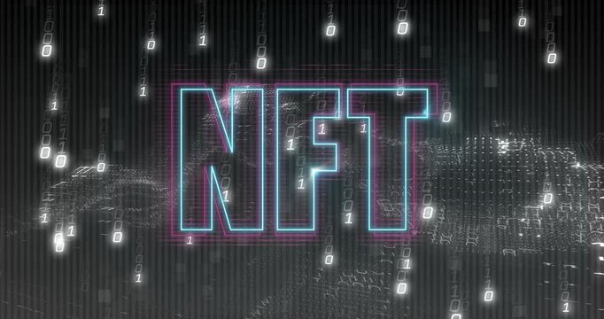 On data burst hitting data-field, neon NFT glowing pulsing, binary digits raining showing data flow