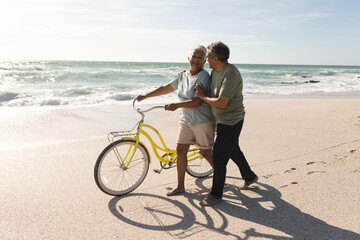 Obraz premium Happy senior multiracial couple talking while wheeling bicycle on shore at beach during sunny day