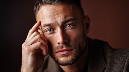 Naklejka premium Thoughtful Mature Man with Blue Eyes and Beard Portrait