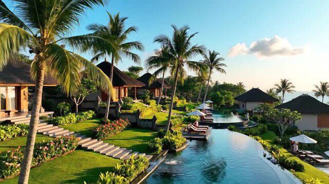 Tropical resort with palm trees, pool, and villas in Bali, Indonesia, during sunset, suitable for travel brochures