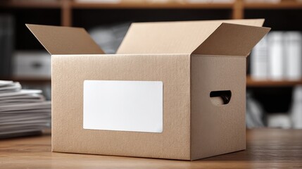 Open cardboard storage box with blank white label on a wooden desk in a blurred office background