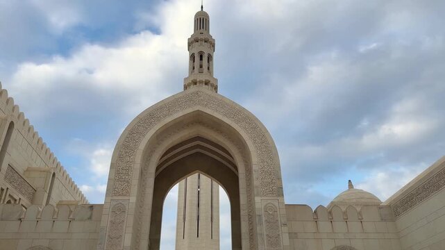 Sultan Qaboos Grand Mosque in Muscat, a famous religious landmark known for its stunning Islamic architecture and design.