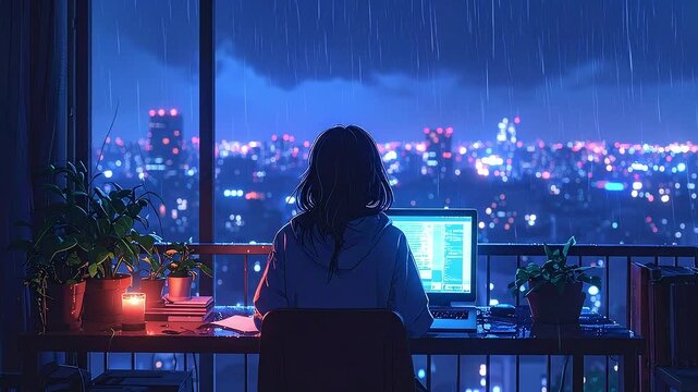 Mujer trabajando de noche bajo la lluvia con ciudad iluminada al fondo, v&iacute;deo en bucle para LoFi