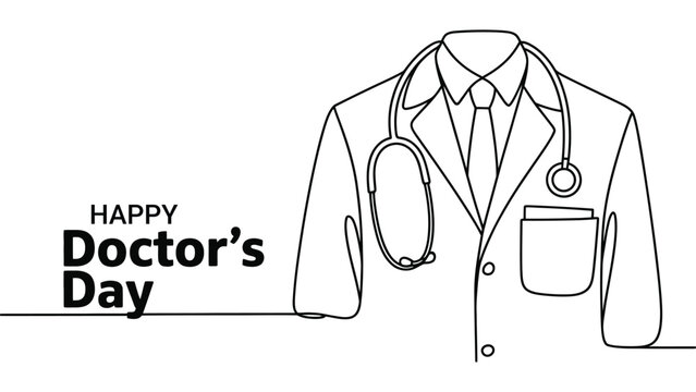 Happy Doctors Day minimal line art illustration of medical coat with stethoscope on white background honoring healthcare professionals service care and dedication
