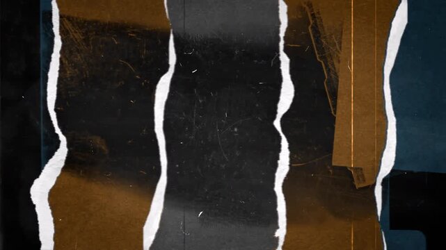 The video combines shades of orange, black, and deep blue, along with scratches and grain. The torn strips of paper have white edges, creating a rough, aged feel.