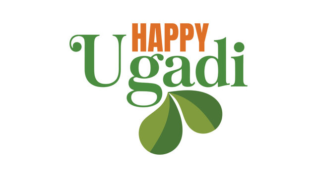 Happy Ugadi modern typography with green leaves on white background celebrating hindu new year festival joy prosperity culture and traditional spring season