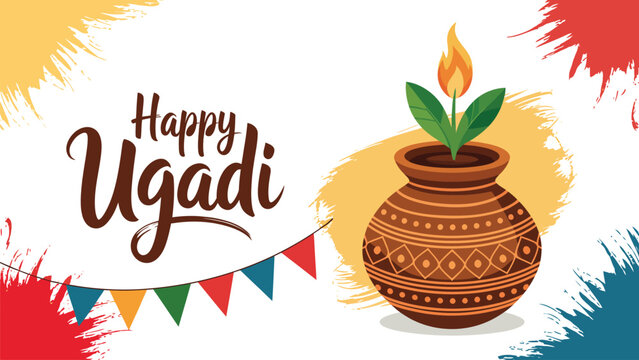 Happy Ugadi festive illustration with traditional kalash pot diya flame and colorful decorative elements celebrating hindu new year joy culture and tradition