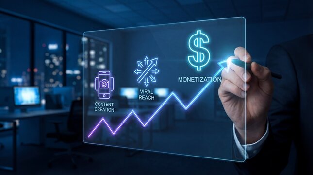 Businessman analyzing digital marketing strategy with monetization graph