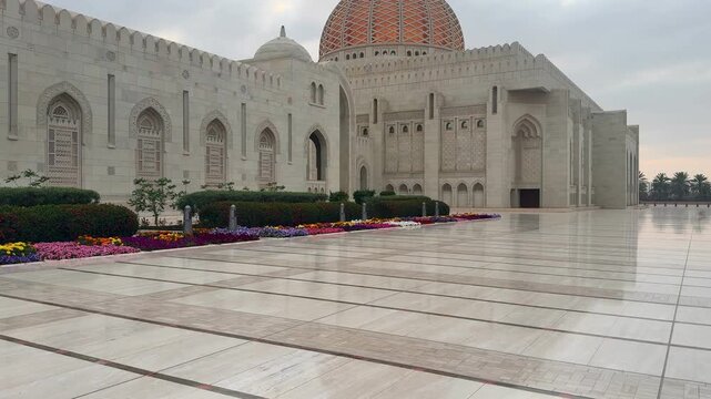 Sultan Qaboos Grand Mosque in Muscat, a famous religious landmark known for its stunning Islamic architecture and design.
