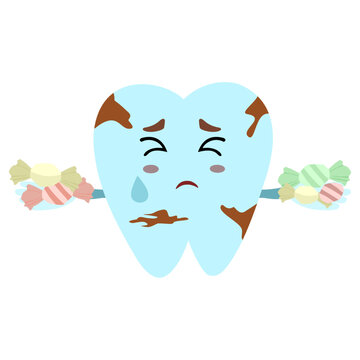 tooth decay mascot due to eating too much sugar. Sad character with broken tooth due to candy