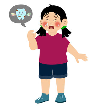 Little kid has a toothache from eating too much sugar. Vector illustration of a girl with a cavity from eating too much sugar. An unhappy child suffers from painful dental symptoms due to a poor diet.