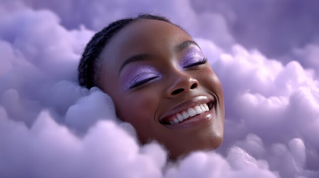 Beautiful Woman with Purple Glitter Eyeshadow Smiling in Clouds