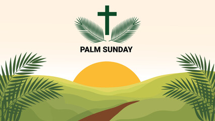 Palm Sunday christian landscape illustration with cross sunrise hills and palm leaves on soft background celebrating holy week faith devotion and hope © Zavivec