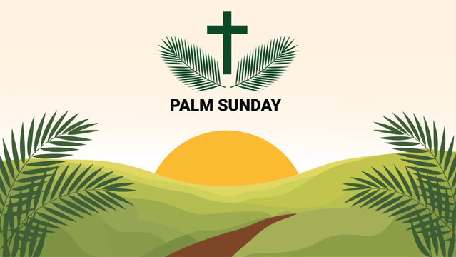 Palm Sunday christian landscape illustration with cross sunrise hills and palm leaves on soft background celebrating holy week faith devotion and hope