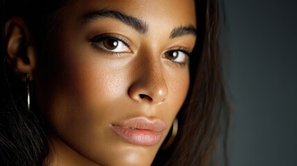 Fototapeta premium Close-up Portrait of Beautiful Woman with Glowing Skin and Brown Eyes