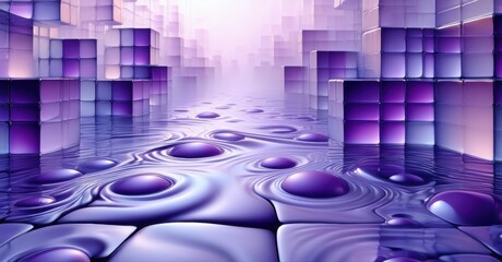 Fototapeta premium Abstract purple cityscape. Cubes form walls, water ripples below. Light source distant, creating depth, futuristic design.