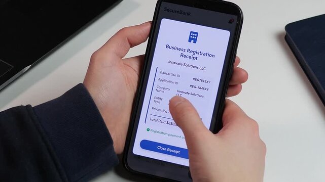 Professional close-up of a user checking business registration receipt in a secure fintech app. High-quality UI or UX interaction showing balance, transactions, and digital invoices. Perfect for