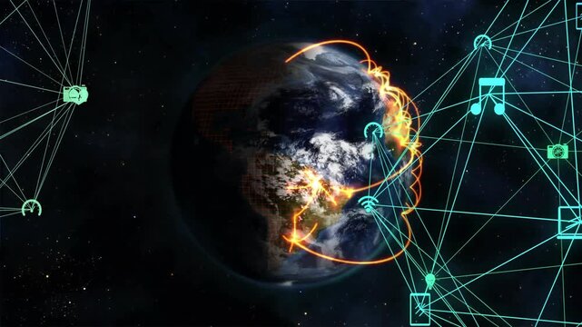 Right hub sending orange arcs, globe pulsing with nodes as cyan mesh lighting icons, showing data