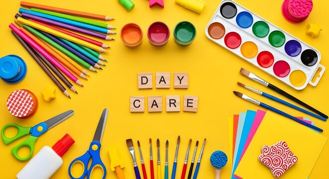 Vibrant collection of art supplies and craft materials framing "DAY CARE" text, flat lay on yellow background for preschool and kids' creativity projects.