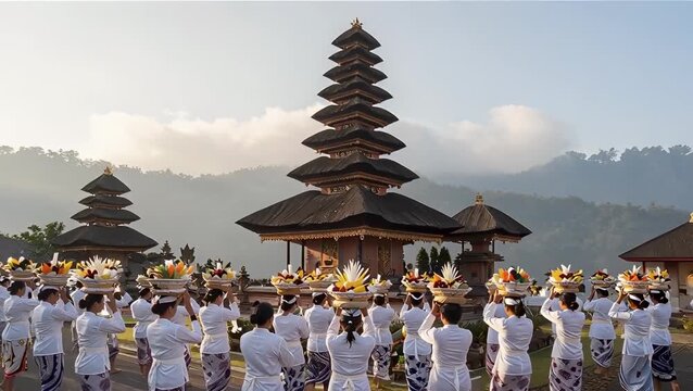 Traditional Balinese Ceremony at Ulun Danu Beratan Temple with Participants in White Attire