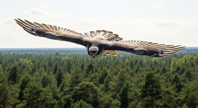 Northern Goshawk in Flight Over Forest