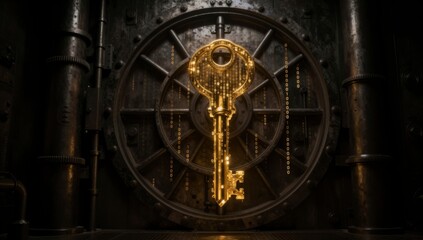 Obraz premium Golden key with binary code overlay in front of a vintage vault door digital
