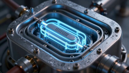 Obraz premium Close up of a futuristic science fiction device with glowing blue neon light