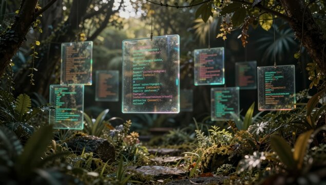 Digital code displayed on floating glass panels amidst a lush verdant forest