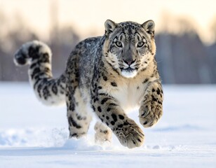 Obraz premium A stunning snow leopard, with its characteristic spotted fur, charging forward in a wintery snowy landscape. The low sun creates a soft background
