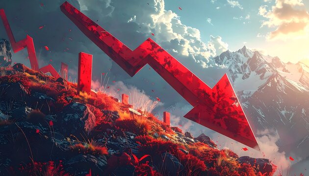 Large, red, downward-pointing arrow superimposed over a mountainous, snow-capped landscape