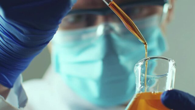 Scientist conducts experiment with liquid in laboratory glassware.