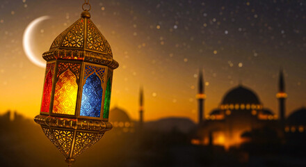 Traditional Ramadan Lantern Glowing Against a Sunset Sky with Crescent Moon and Mosque Silhouette